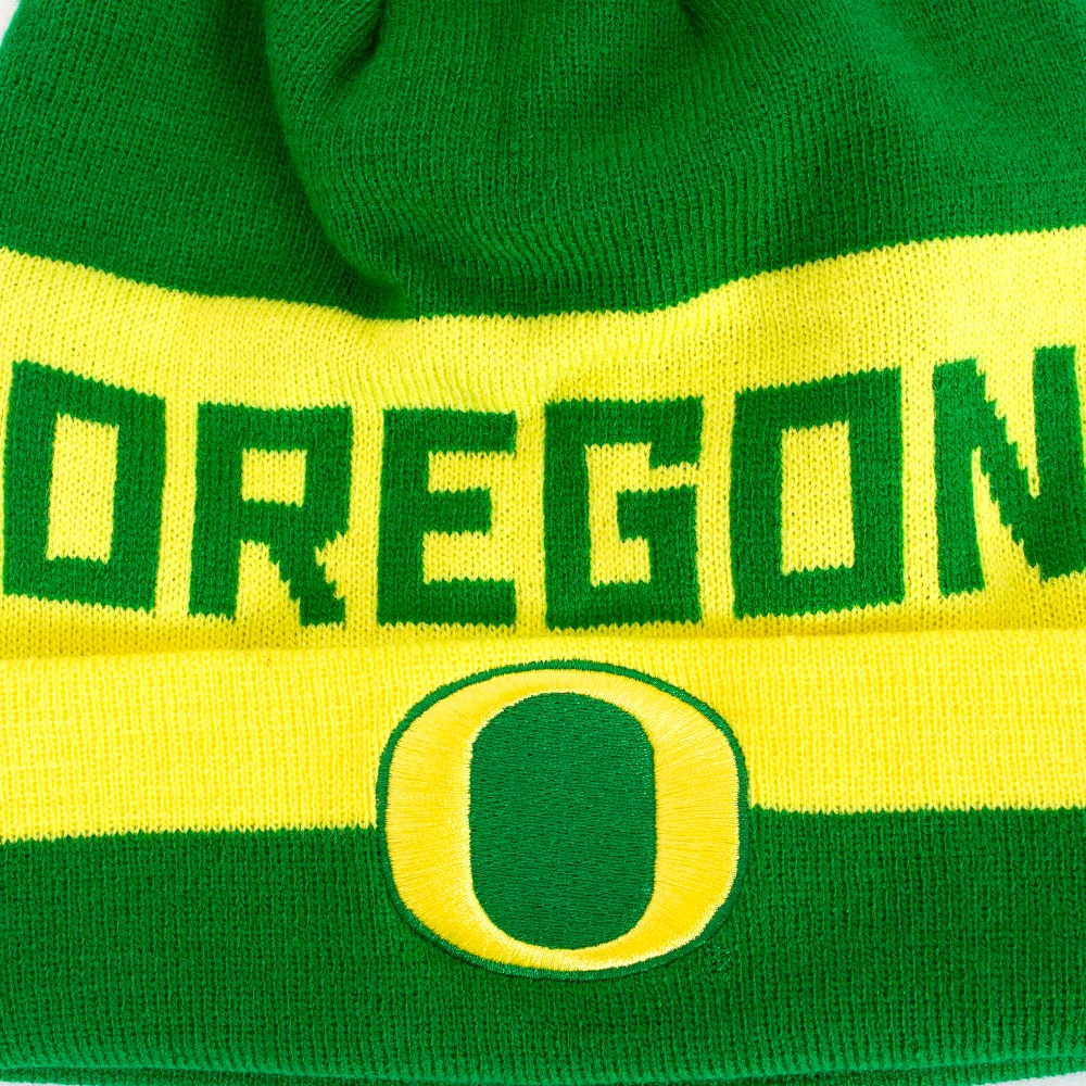 Classic Oregon O, Nike, Green, Beanie, Acrylic, Accessories, Unisex, Football, Peak, Cuffed, Pom, Sideline, Hat, 915775